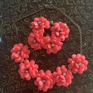 J. Crew neon coral rhinestone floral statement necklace and bracelet